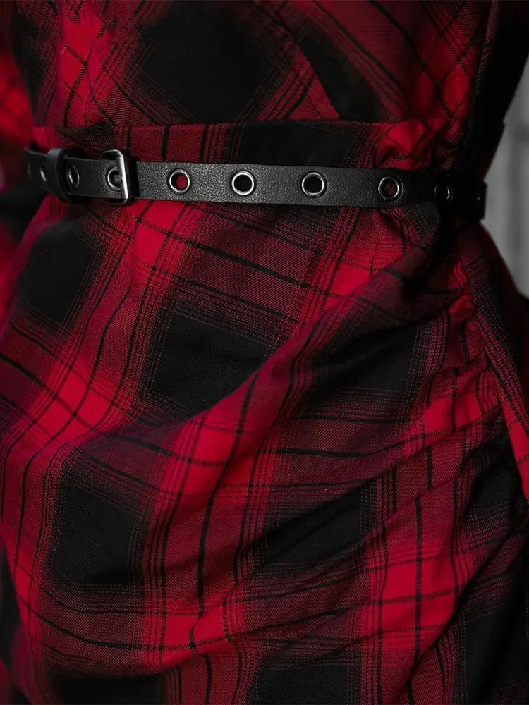 Панк Rave женщин квадратный воротник слоеного плеча плед платья с поясом PQ-735LQ |