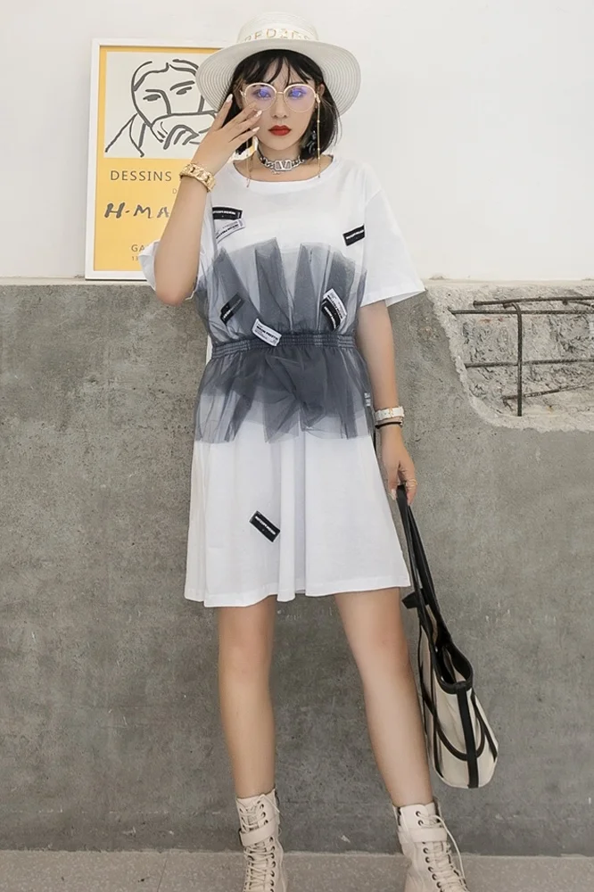 

QING MO 2021 New Fashion Women Casual T Shirt Women Mesh Patchwork T Shirt Female Short Sleeve Loose T Shirt ZQY7452