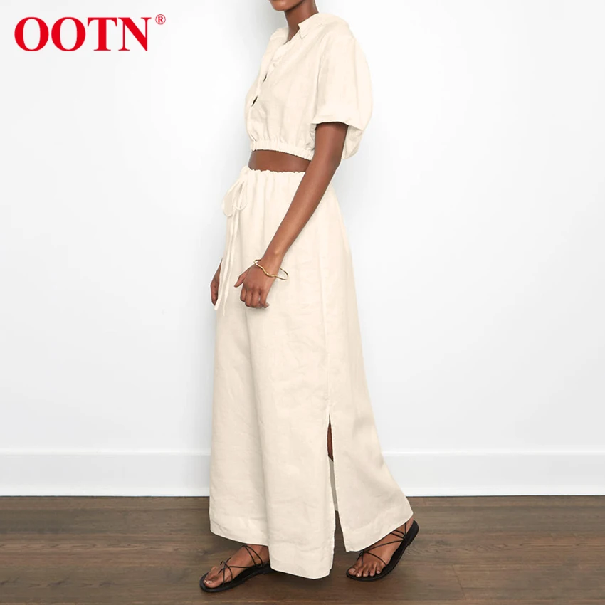 

OOTN Womens Summer Skirt Set Beige Casual Crop Top Short Sleeve Shirt Two Piece Sets Elegant Office Lady Cotton 2021 Skirt Suit