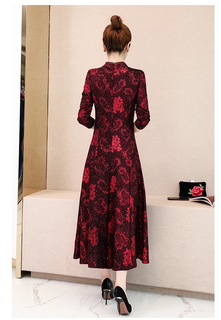Осень Зима Новое поступление размера плюс M-3XL Ретро Cheongsam стоячий воротник жаккард длинный рукав женское длинное платье