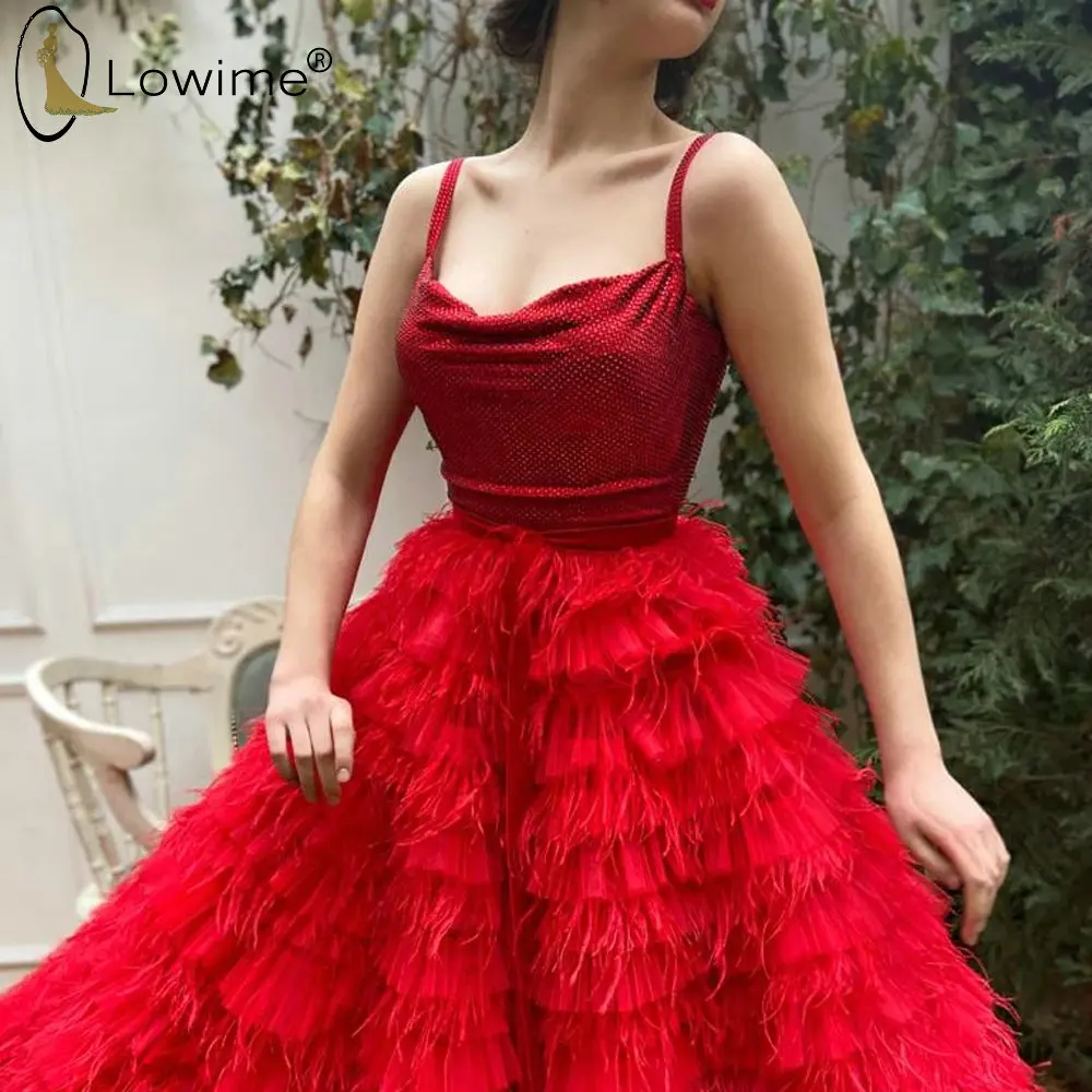 Великолепные красные вечерние платья с перьями А силуэта Vestido De Festa Robe Soiree для