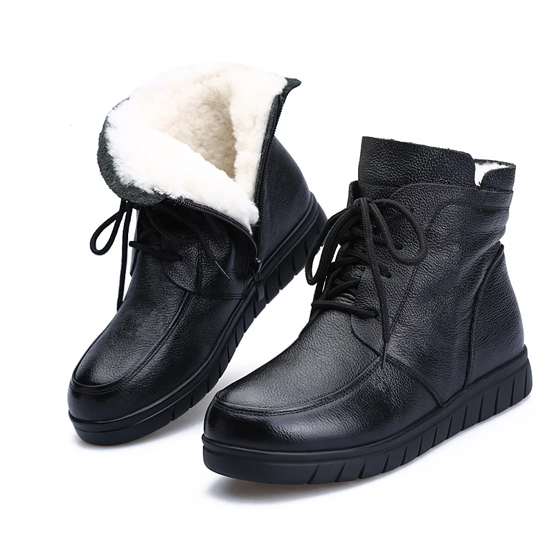 

Very Wool Fur warm Cow Leather ankle boots women winter Genuine Leather Flat platform botas 2019 black Lace up plush snow shoes