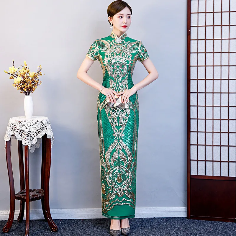 

Green Lady Slim Qipao Skirt Catwalk Sequins Show Chinese Dress Prom Gown Elegant Short Sleeve Long Satin Cheongsam Plus Size 5XL