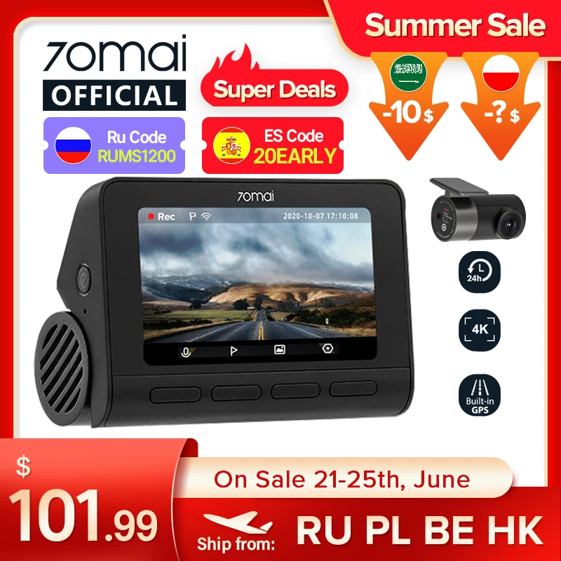  RUMS1200 70mai Dash Cam 4K A800S двойной прицел 70mai A800S GPS ADAS спереди и сзади Видеорегистраторы для автомобилей 2160P 4K 24 часа в сутки парковка 140FOV 