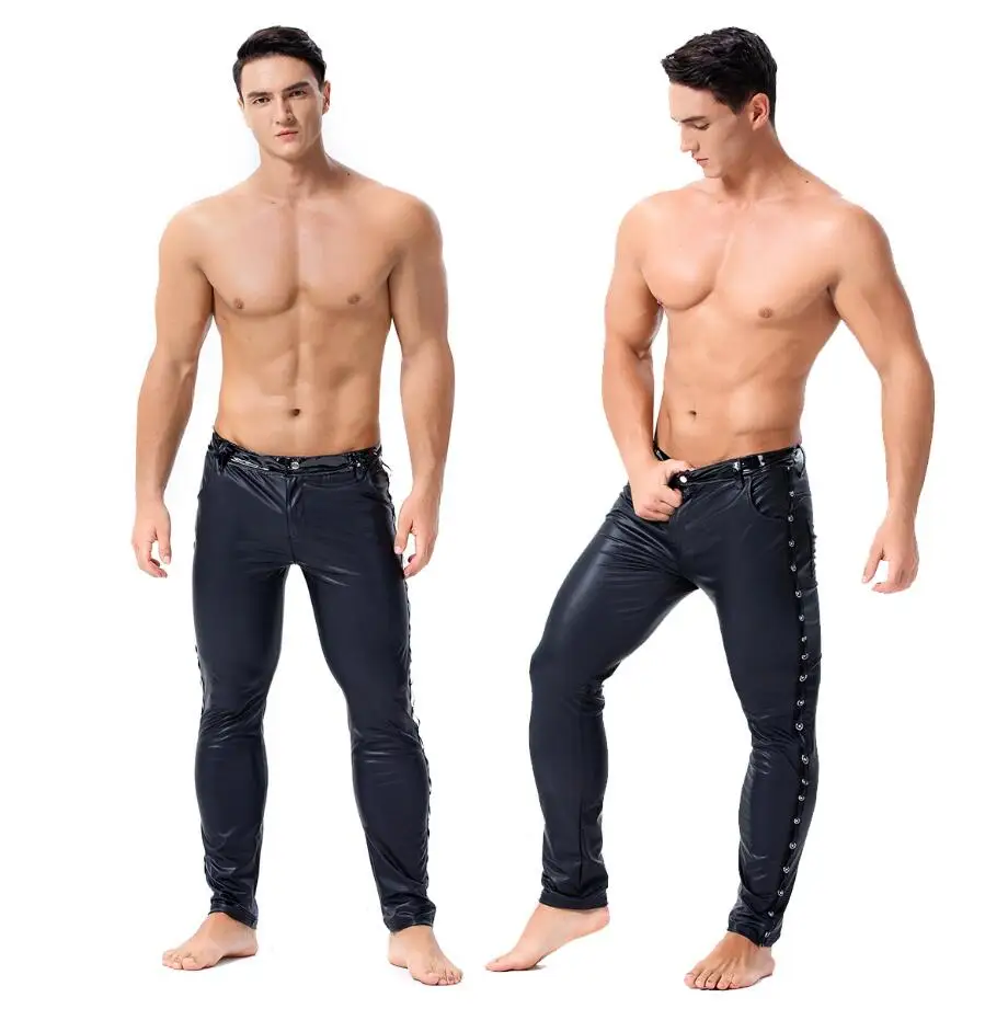 

Mens Black Faux Leather Latex Leggings Wetlook Clubwear Zipper Bondage Exotic Pants Gay Club Wear