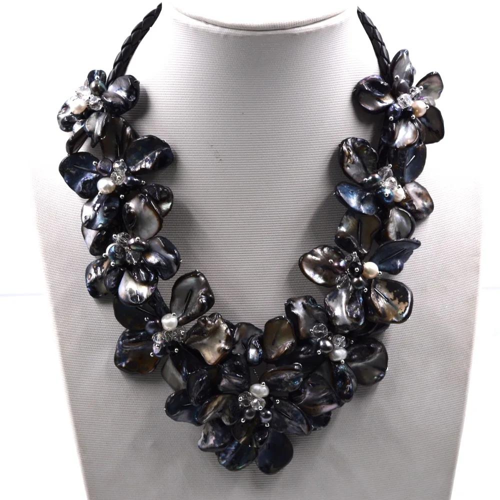 Эксклюзивный черный Швабра оболочки барокко ракушки цветок ожерелье Новая мода