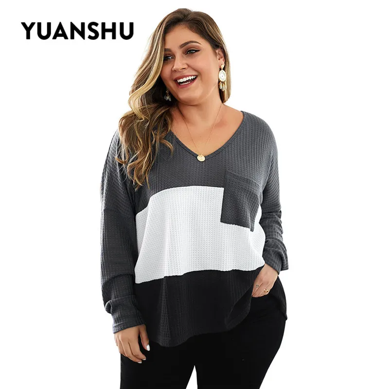 YUANSHU Fashion Striped Patchwork Knitted Plus Size Blouse Women V Neck Pocket High Quality Loose Tops XL-4XL Large Blouses | Женская