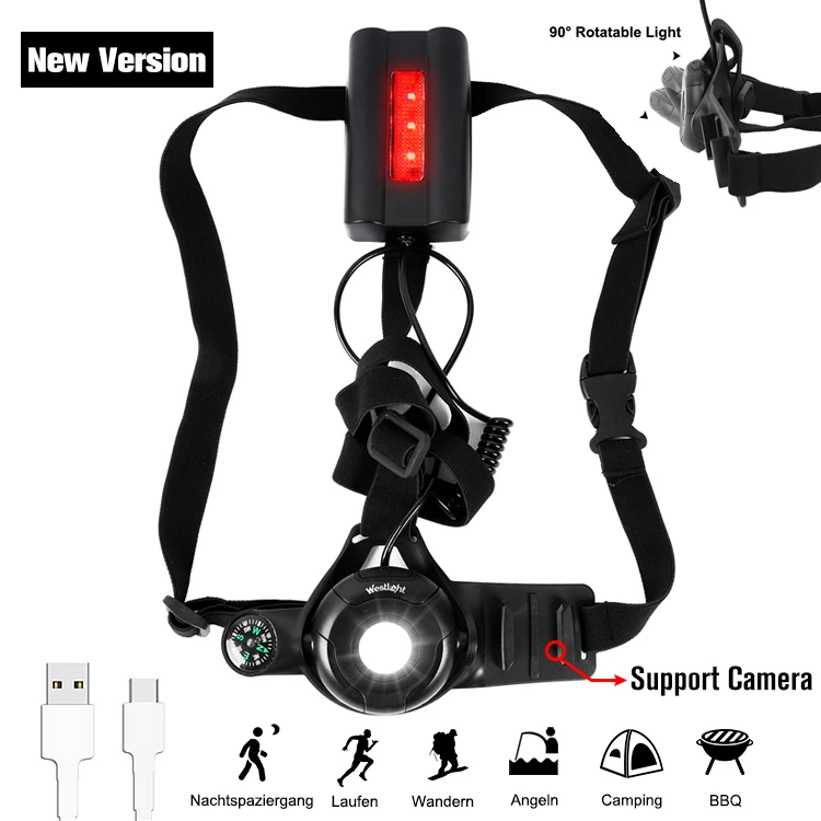 New Black WEST BIKING велосипедный светильник USB зарядка ночной бег вспышка светильник светодиодный нагрудный светильник для спорта на открытом воздухе бег Велоспорт безопасность сигнальные огни - Цвет: New Black
