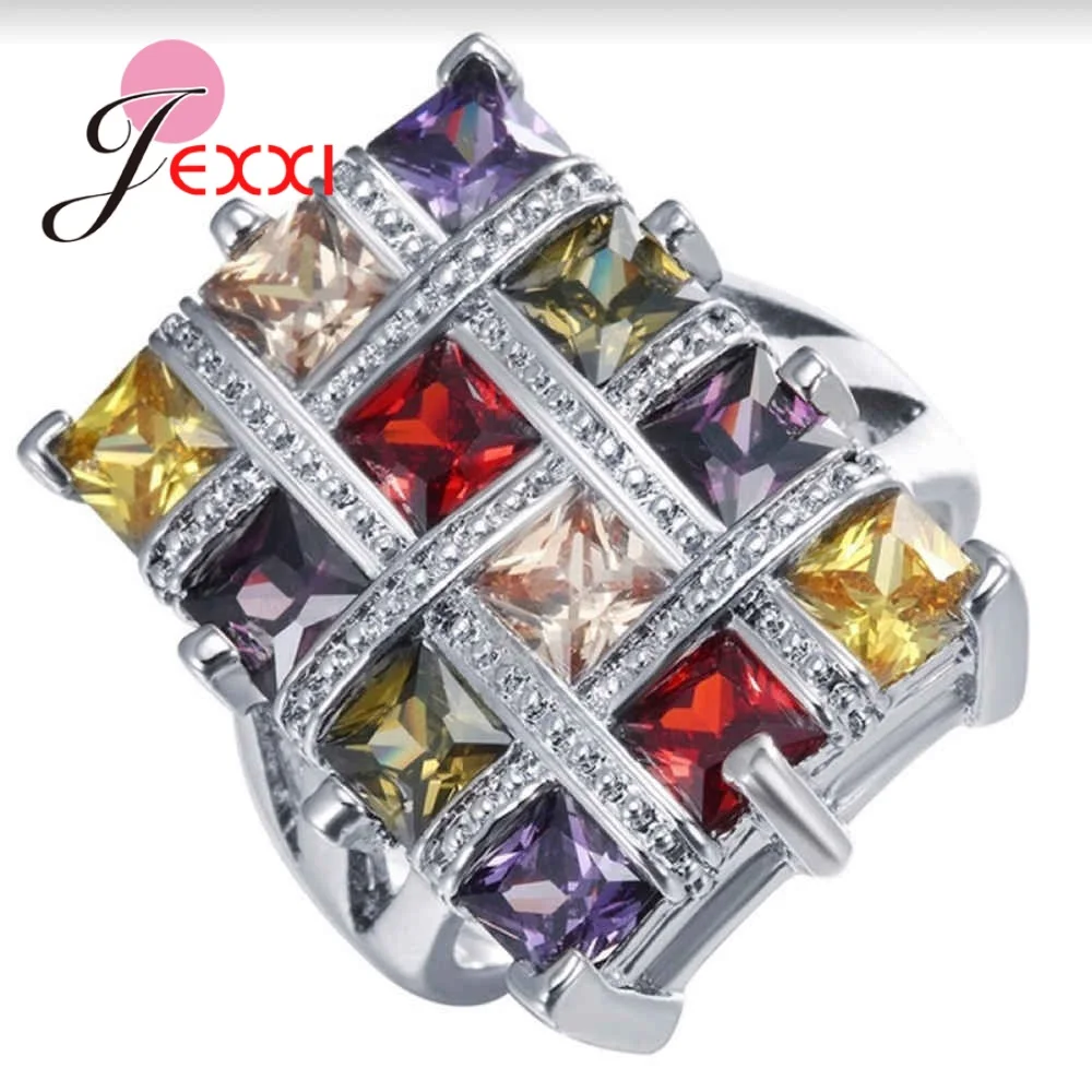 

Fashion Statement Cubic Zirconia Ring 925 Sterling Silver Multi Color Crystal Engagement Wedding Bague for Women Jewelry