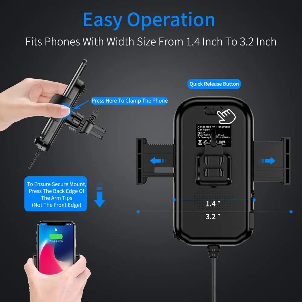 

Car Air Vent FM Transmitter Bluetooth 5.0 Handsfree Lossless MP3 Player Support TF U Disk QC3.0 Quick Charger with Phone Holder