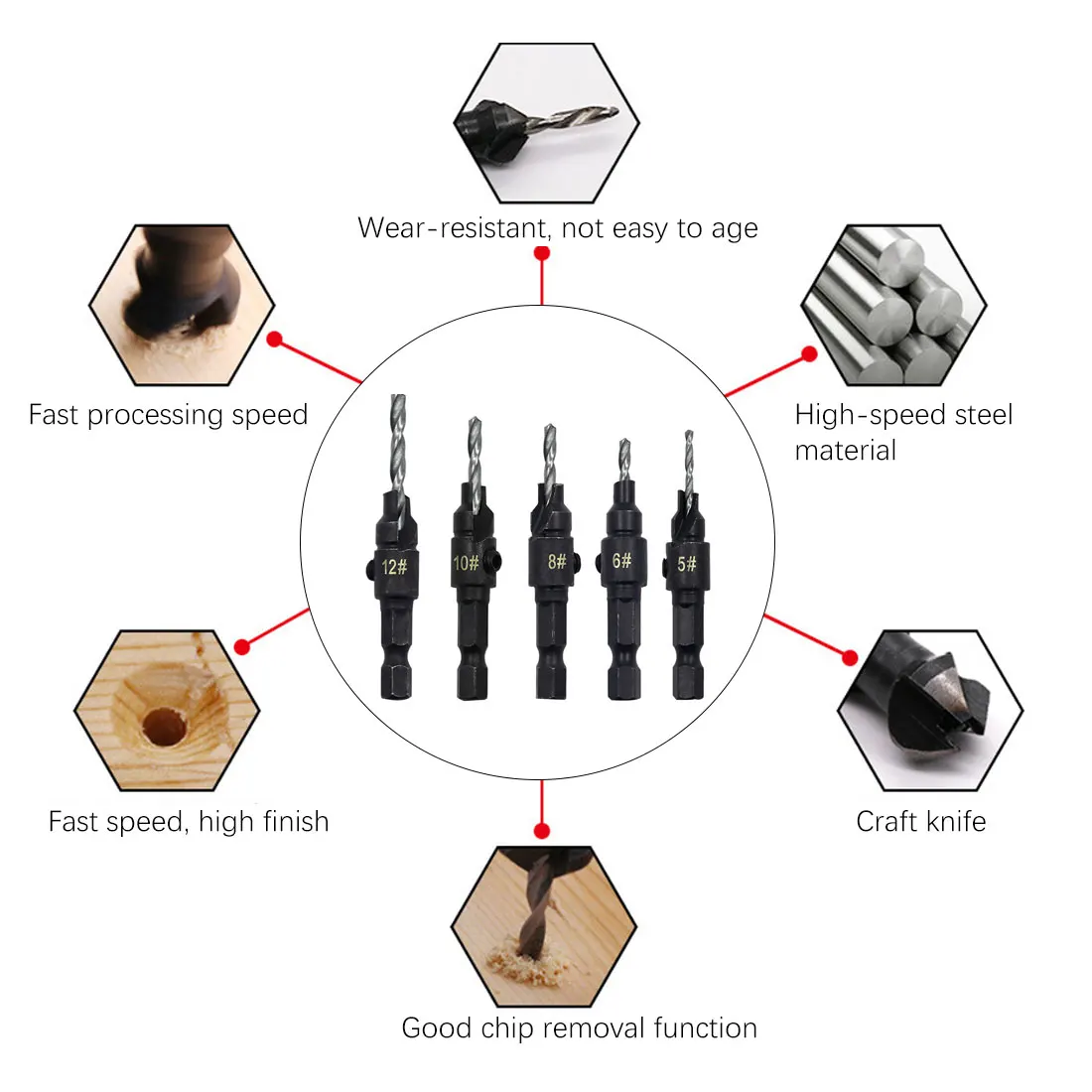

5Pcs Countersink Drill Woodworking Drill Bit Set Drilling Pilot Holes For Screw Sizes hand tool set #5 #6 #8 #10 #12 Hot Selling