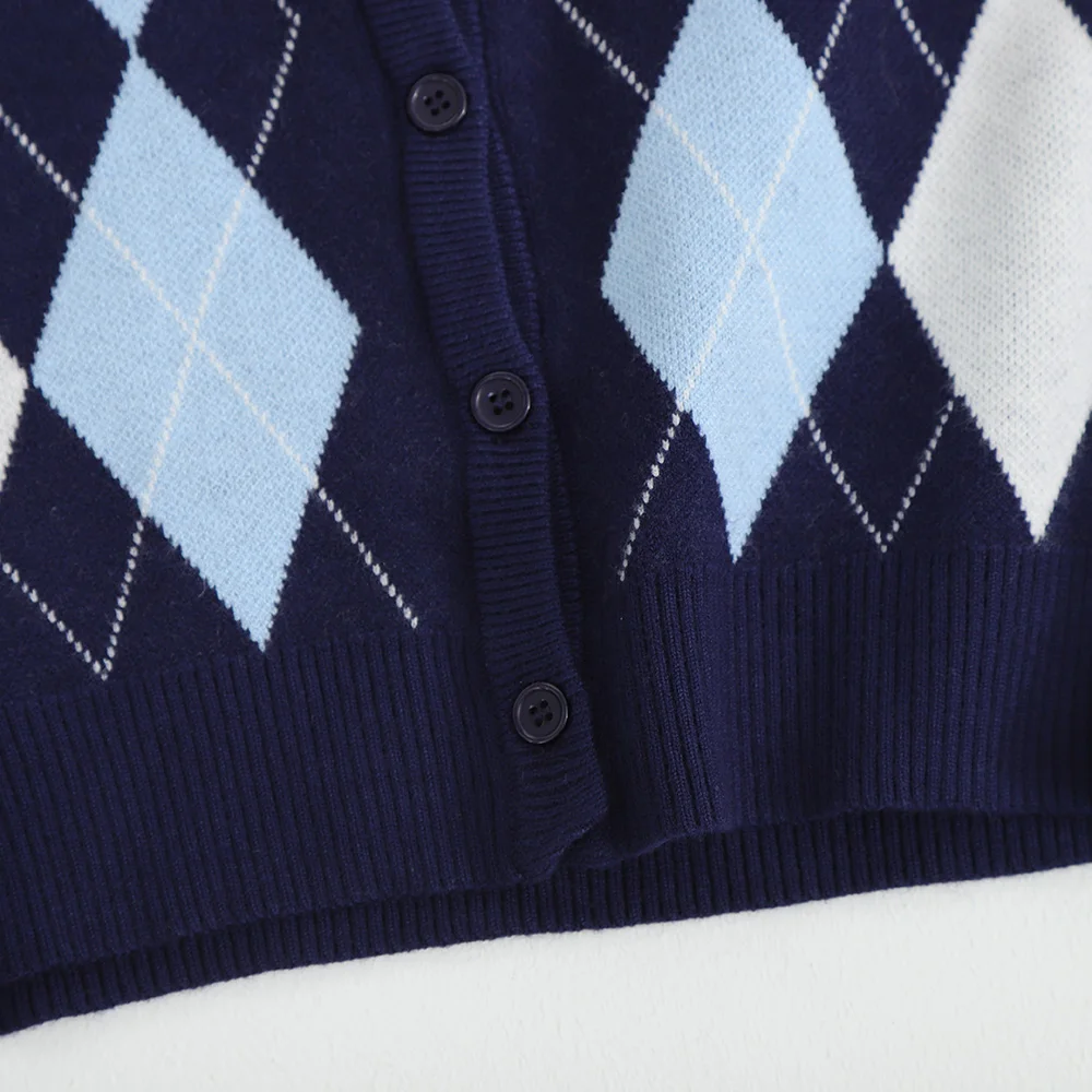 

vintage cute geometric rhombic knitted cardigan sweater women 2020 fashion pink cardigan chic england style crop sweater