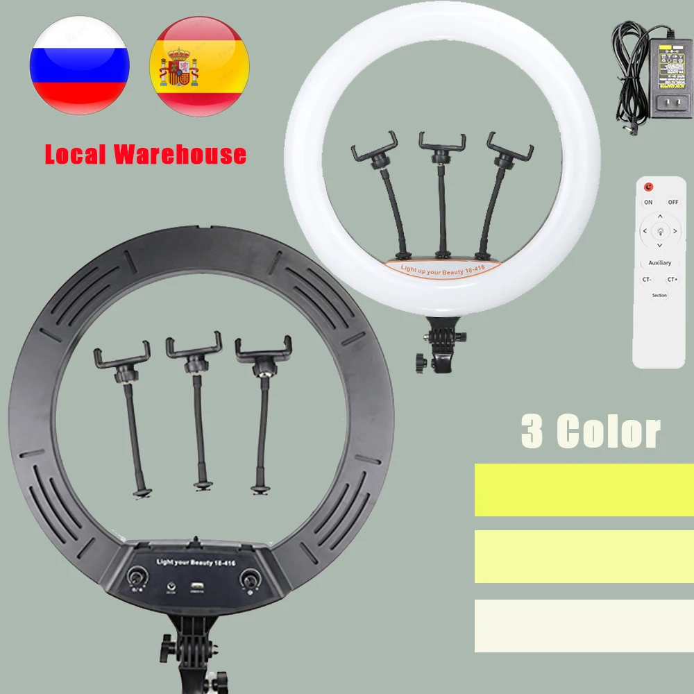

Кольцевой светодиодный светильник для селфи, 18 дюймов, 45 см, 416 шт., 2700-7000 к, с 3 зажимами для телефона, комплект ламп для фотостудии, не штатив
