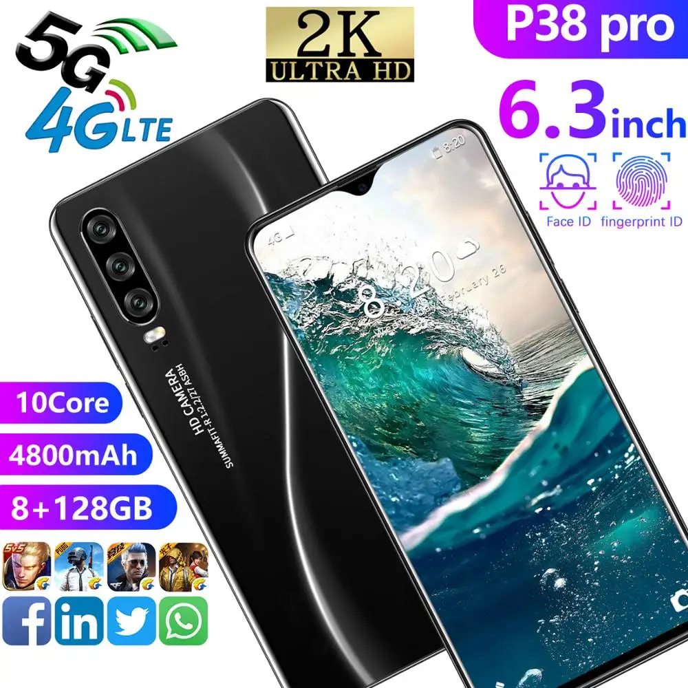 Новинка P38Pro 6 3 Смартфон Snapdragon 855 10 ядер 8 ГБ ОЗУ 128 Гб ПЗУ NFC LED 4 камеры 4500 мАч