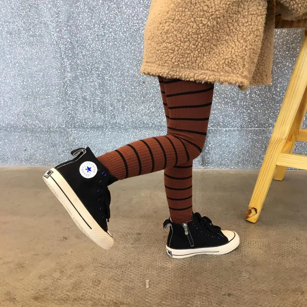 Детские хлопковые леггинсы в рубчик эластичные полосатые для девочек на осень и