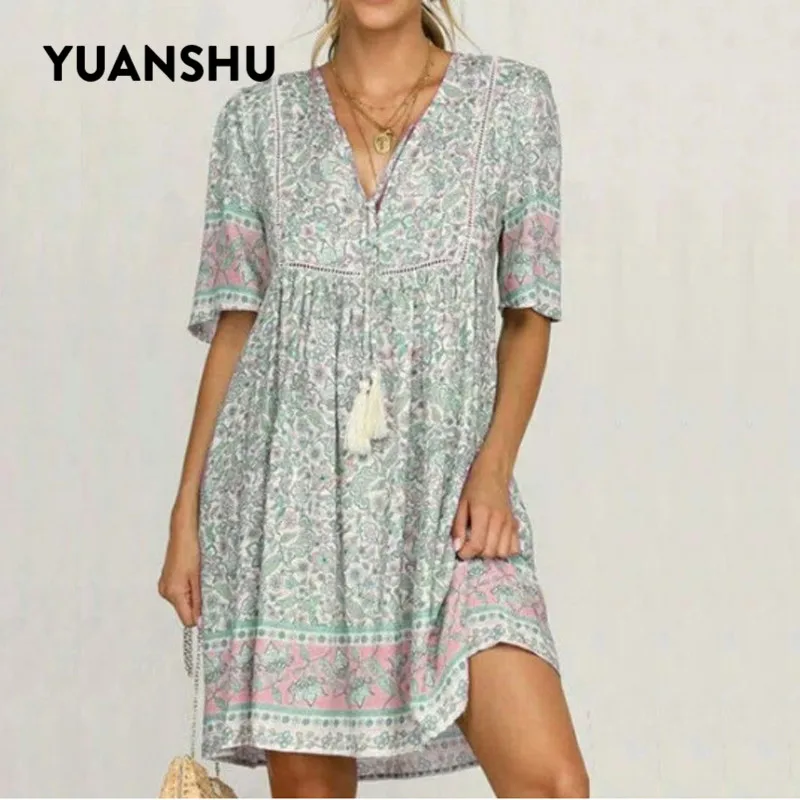 Женское пляжное платье YUANSHU Пляжное Платье с v-образным вырезом и цветочным