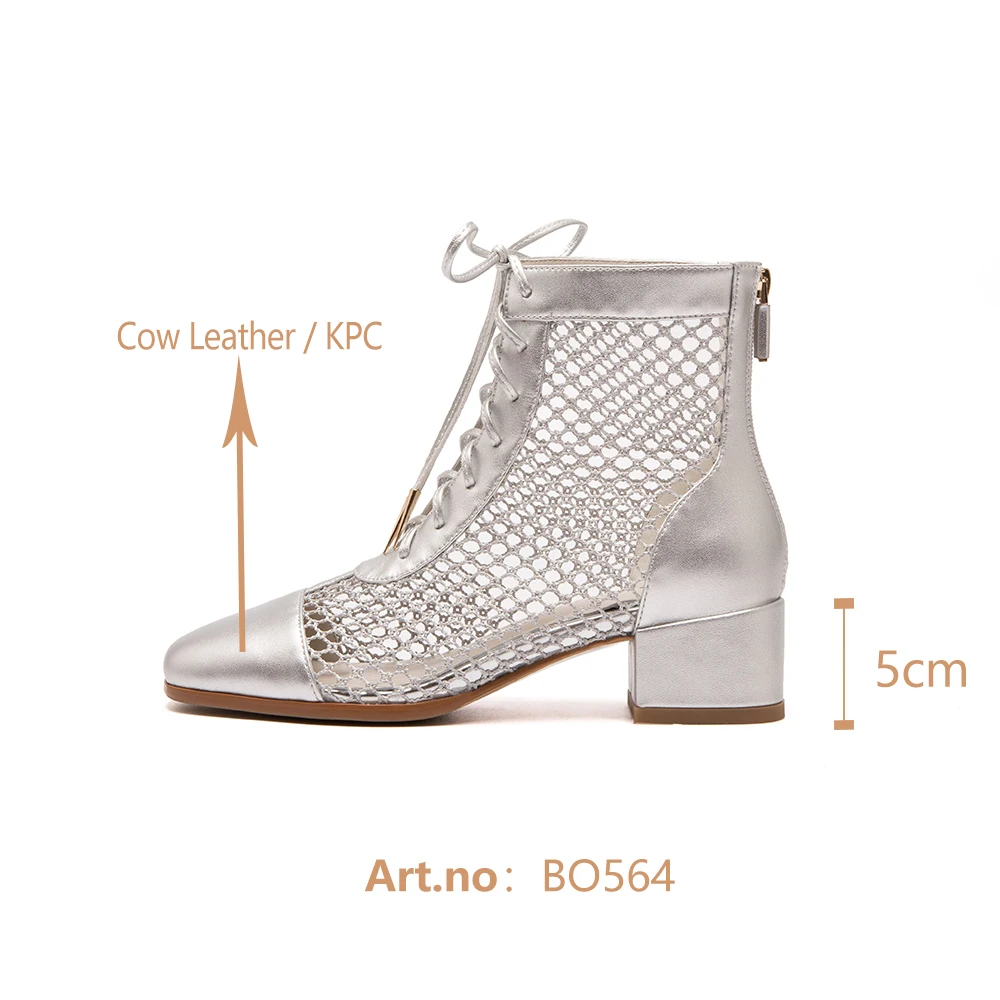 

BESCONE Summer Women' s Boots Patchwork Design Cross-Tied Lace-Up Square Heel Fashion Shoes High Quality Cow Leather Boots BO564