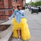 Женская длинная юбка с оборками, желтая фатиновая юбка макси с высокой и низкой талией на молнии, элегантная многоярусная юбка из тюля, 2020