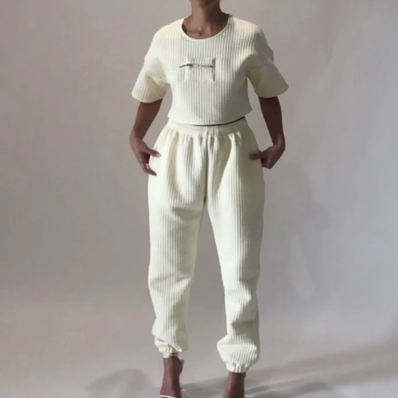 

Women Casual Solid White Two Piece Pants Set Crop Top Lounge Tracksuit Loose Fashion Suit Outfit Feminina Autumn Ladies Clothes