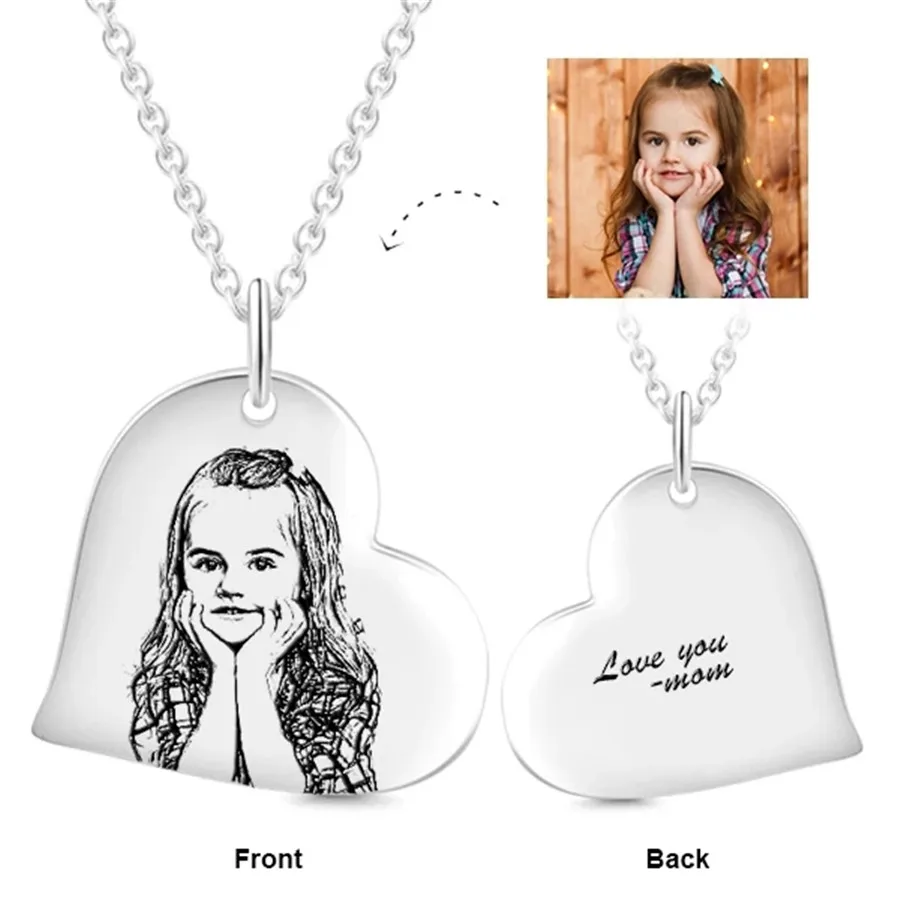 

YFN 925 Sterling Silver Custom Photo Text Collares Pendant Personalized Love Heart Engraved Jewelry Adjustable 16”-20” Necklace