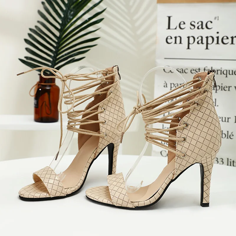 

Women Sandals High Heels Woman Thin Heel Summer Ankle Straps Narrow Band Sexy Female Pumps Pu Leopard Fashion New Plus Size