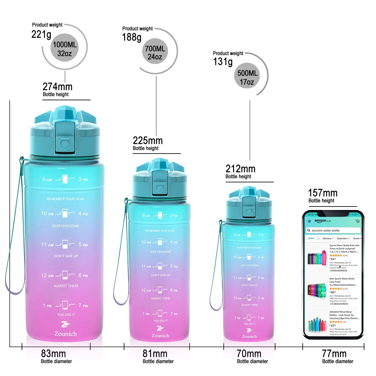 

ZOUNICH Gradient Water Bottles Capacity Drinking Water Portable Plastic Protein Shaker My Sport Drink Bottle Tritan bpa Free