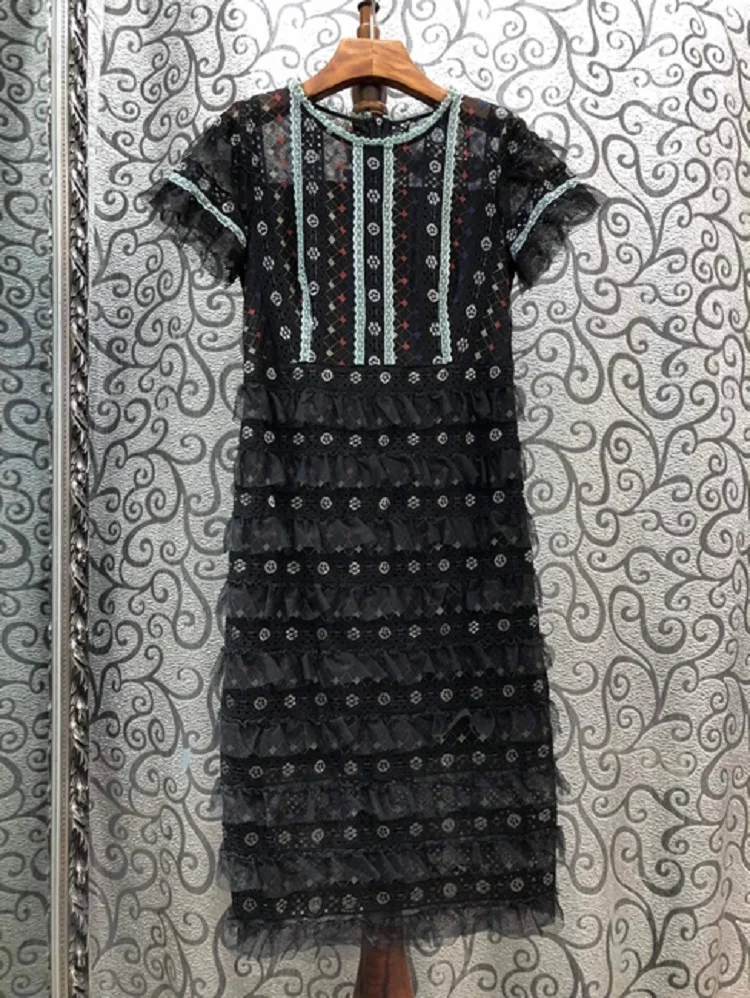 

Dress Elegant Women's 2021 Summer Style Ladies O-Neck Geometric Patterns Cascading Ruffle Lace Patchwork Midi Black Pink Dress