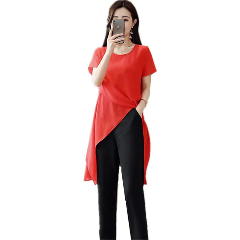 

Women Shirt Casual Slim Short Sleeves Irregular Long Chiffon Shirt Solid Loose Women Shirt Navy Blue Whit