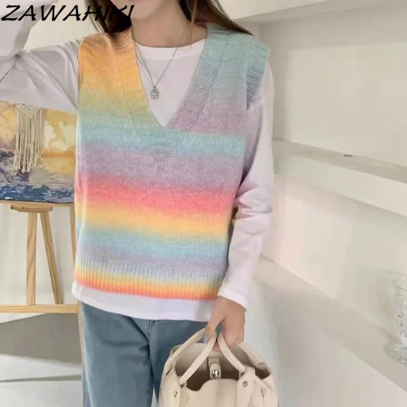 

ZAWAHIKI Rainbow Knitted Vest New Spring and Autumn New Style Korean Sweet Loose Japanese Sleeveless V Neck Women Sweater Tops