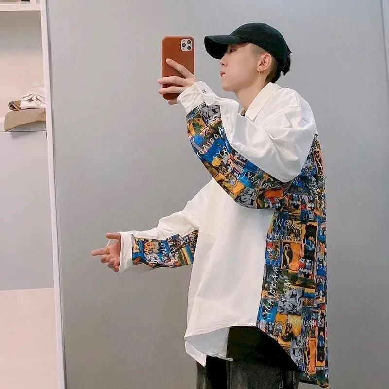 

Мужская рубашка в стиле граффити, Повседневная Свободная блузка с длинным рукавом, корейский стиль, большие размеры, весна-осень