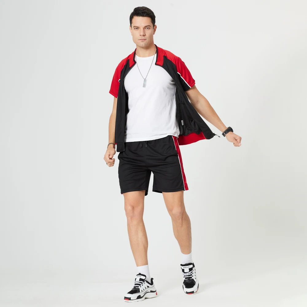 

Summer New Men Casual Sets Zipper Patchwork Jogger Tracksuits Mens Sportswear Tshirt+Shorts Two Pieces Sets Loose Suits V-Neck