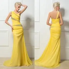 

One Shoulder Prom Dresses 2015 Yellow Evening Dresses Ruffled Chiffon Sweep Train Mermaid with Strap Beaded Prom Dress