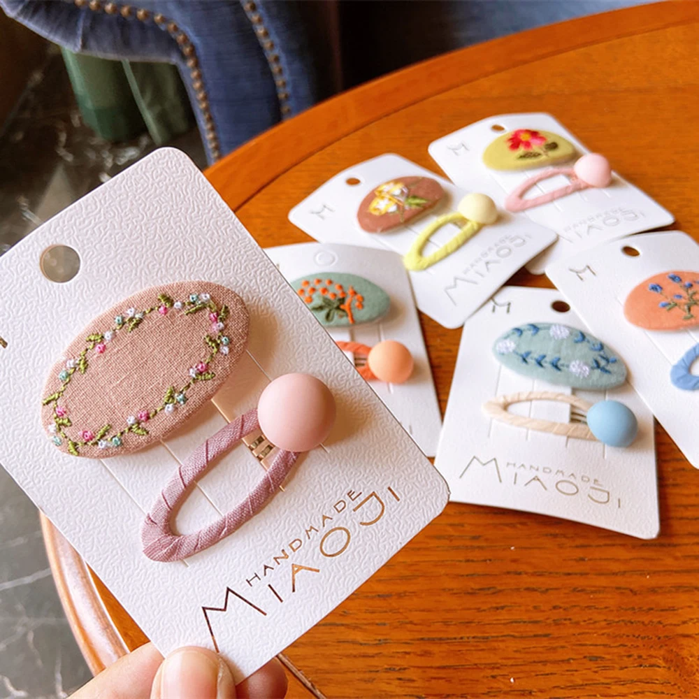 

2 Pcs New Korean Children Hairpins Simple Fashion Colorful Embroidery Flower BB Clip for Sweet Girl Princess Hair Accessories