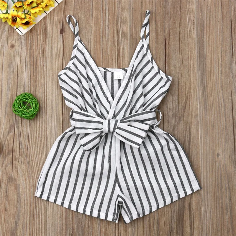 

0-24M Baby Girls Overalls Clothes Newborn Sleeveless Striped Bowknot Strap Romper Jumpsuit Outfit Sunsuit