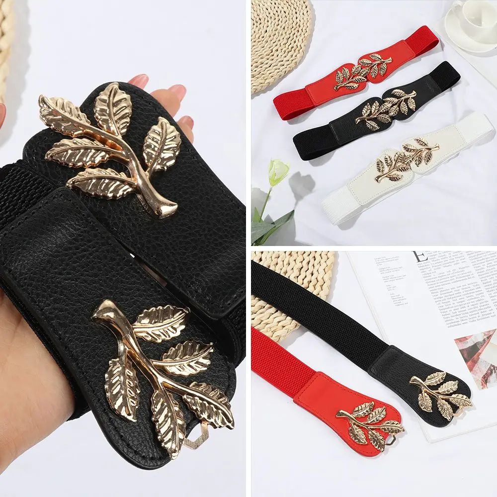 

Ladies Waistband Women Waist sealing Elastic Stretch Wide Belt Waist Buckle Double Gold Leaf