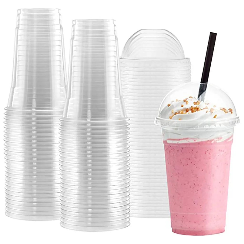 

100pc Milk Tumbler with Dome Lids Double Wall Plastic Drink Cups With Straw Reusable Clear Water Bottle Transparent Fruit Cup