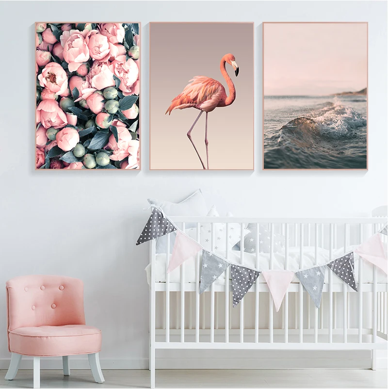 

Nordic Canvas Painting Romantic Flamingo Rose Sea Wave Print Animal Painting Modern Wall Art Home Decor