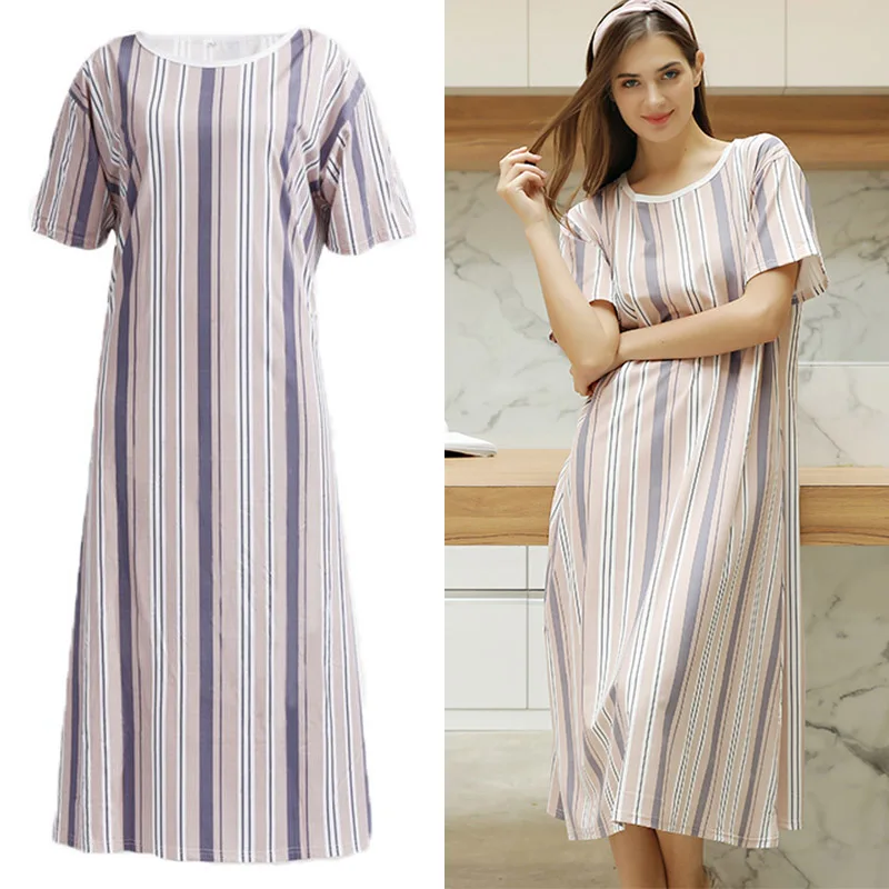 Женская длинная Пижама полосатый Ночной костюм женская одежда для сна с круглым