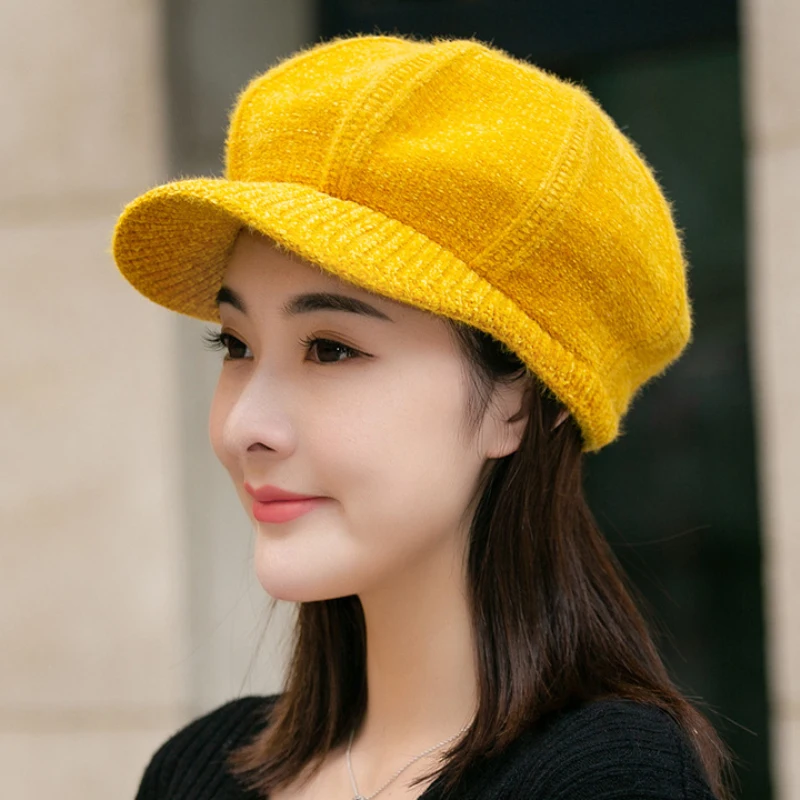 

HT3298 Autumn Winter Hat Women Solid Knitted Beret Hat Ladies Thick Warm Octagonal Newsboy Cap Berets Women Artist Painter Hat