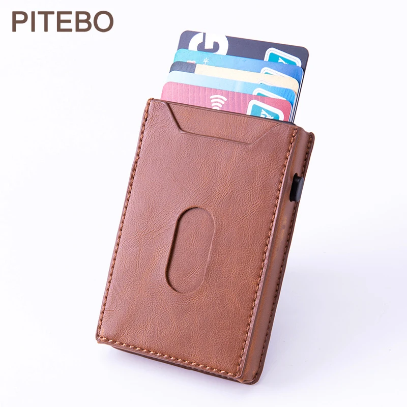 

PITEBO Men's automatic credit card case carbon fiber leather wallet aluminum mini Wallet with pocket ID RFID Blocking Wallet yes