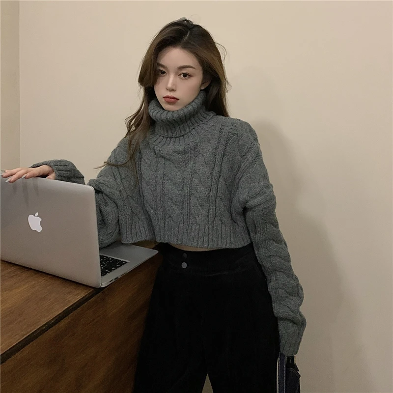 

Korean Fashion New White Turtleneck Knitted Sweaters for Women Clothes Winter Hipster Causal Crop Top Loose Long Sleeve Pullover