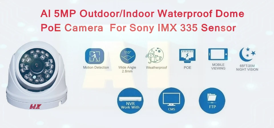 5MP Dome IP POE Camera HD IR Wide Angle 2.8mm Lens IP 2592x1944P Security Camera Onvif H.265/H.264 IP66 Outdoor Waterproof 335