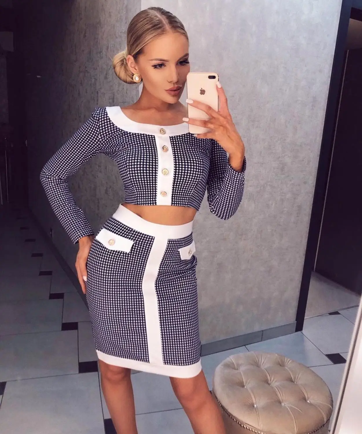 

Женский облегающий вечерний комплект, из двух предметов, в синюю клетку