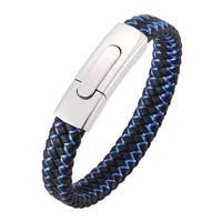 fashion men jewelry black leather rope blue nylon rope mixed weave male bracelet stainless steel clasps man bangles pd0045