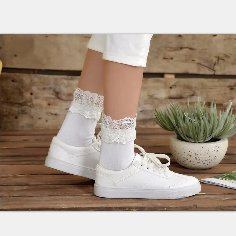 Women Solid Cotton Crew Socks Girls Lace Cuff Band Short Socks Ankle Socks Ladies Autumn White Black Long Socks 5 Pairs/lot