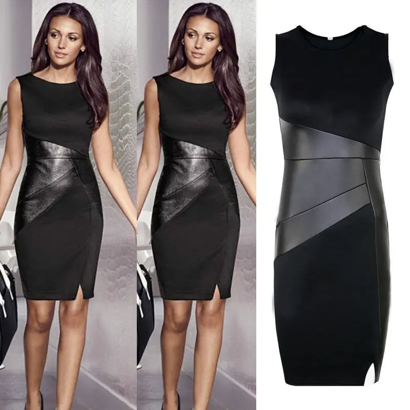 Черное кожаное платье на молнии элегантное облегающее карандаш в стиле пэчворк
