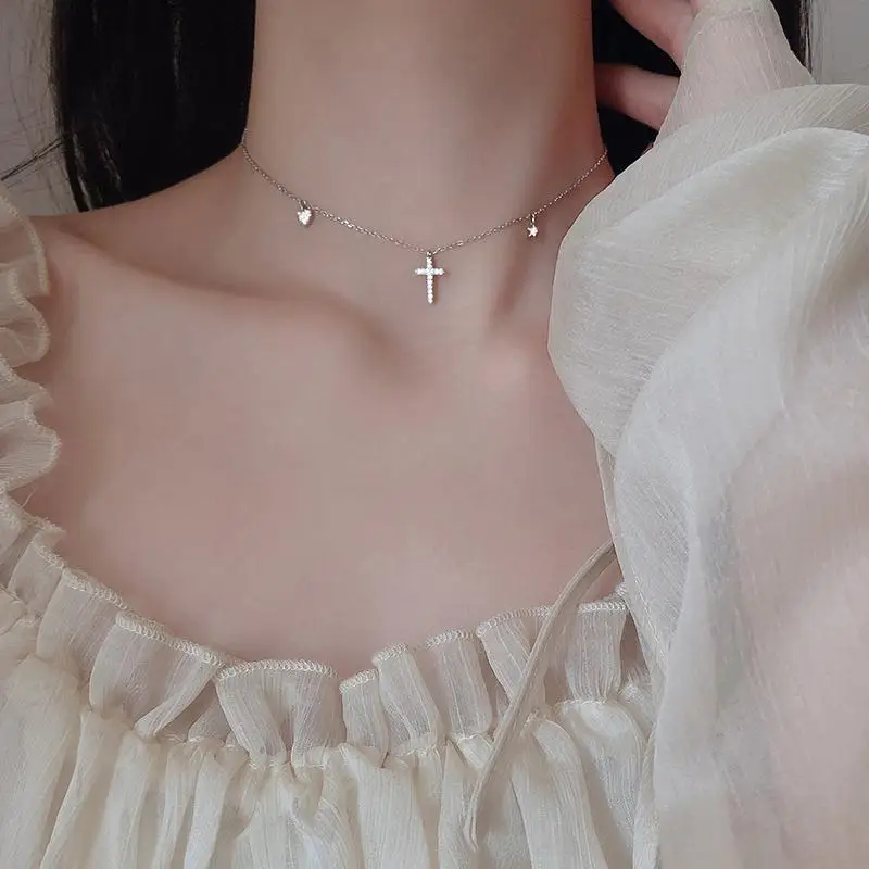 

Hot Crystal Cross Heart Star Charm Pendent Choker Necklaces for Women Statement Jewelry Accessories