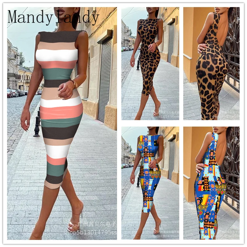 

Mandylandy Women's Elegant Leopard Stripe Print Bodycon Dress Lady Sexy Fashion Sleeveless O Neck High Waist Corset Party Dress