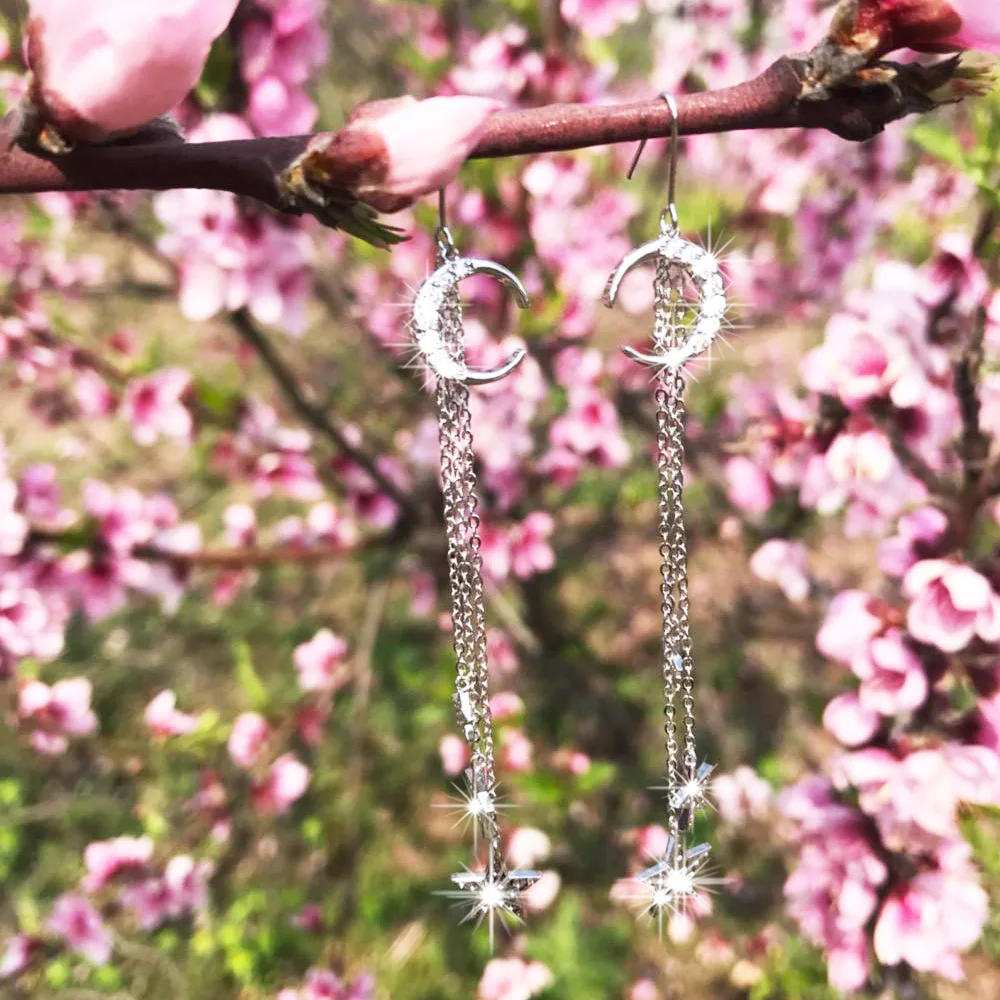 

Fashion Moon shape Drop Earrings Luxury Silver Color Rectangle Rhinestone Earring for Women Party Jewelry Female Accessories New