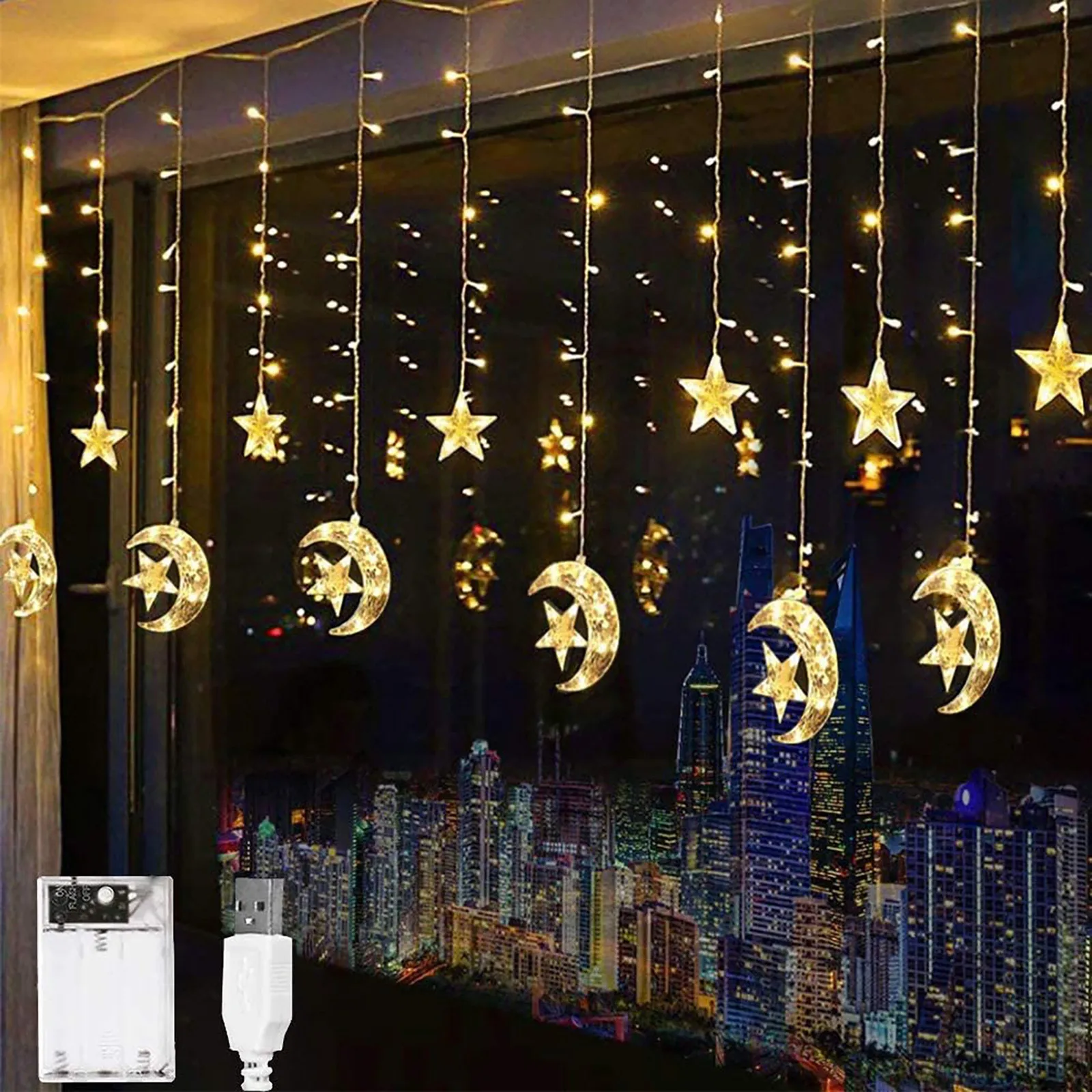 

Twinkle-Star LED Fairy-Lights With Star And Moon Curtain, USB Powered Lights Twinkle String Lights Holiday Festival Decoration